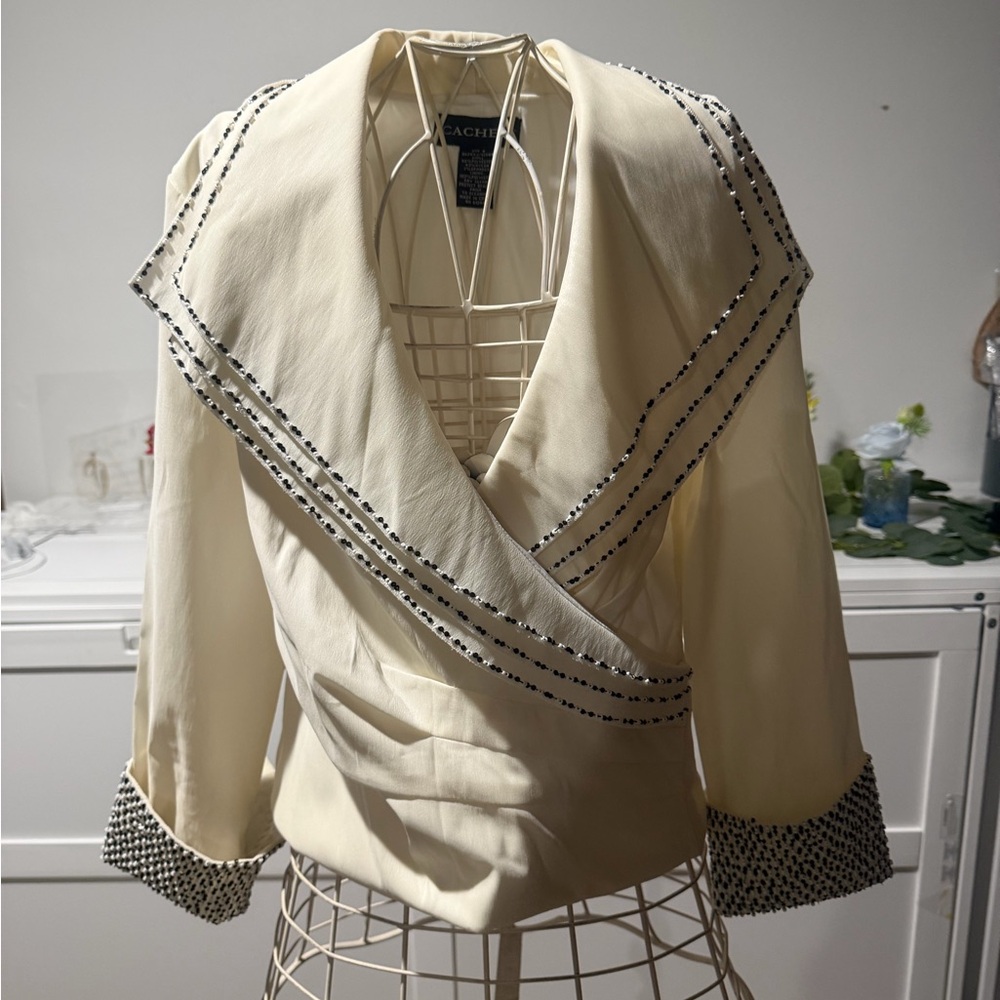 Cachet Ivory Wrap Blouse with Black Beaded Detail